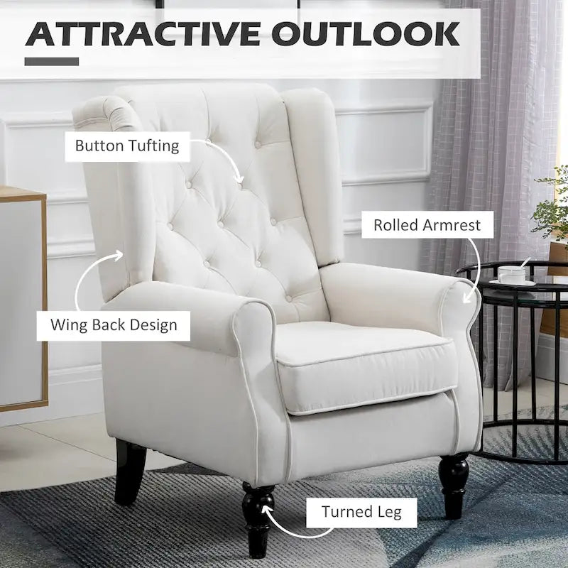 Poltrona accent tufted moderna crema-bianca con schienale alto da 74,4 cm e design a orecchioni