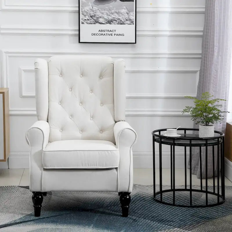 Poltrona accent tufted moderna crema-bianca con schienale alto da 74,4 cm e design a orecchioni