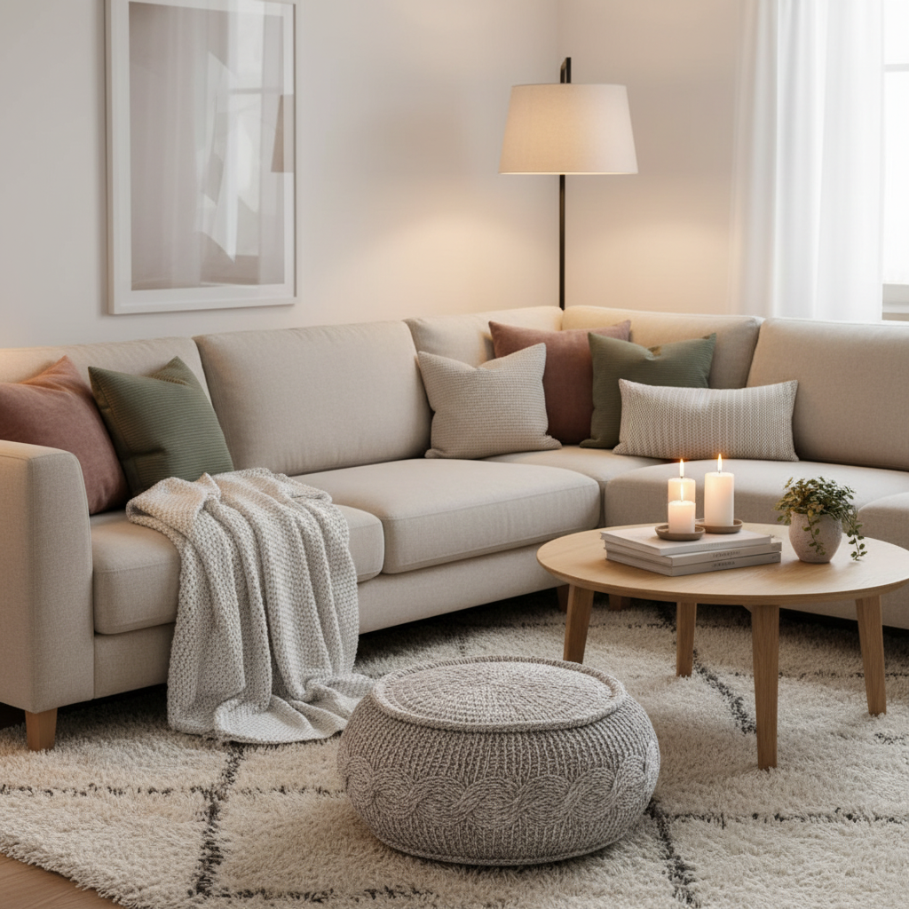 Pouf poggiapiedi beige in cotone da 20 pollici con design geometrico per soggiorno