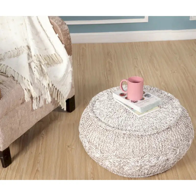 Pouf poggiapiedi beige in cotone da 20 pollici con design geometrico per soggiorno