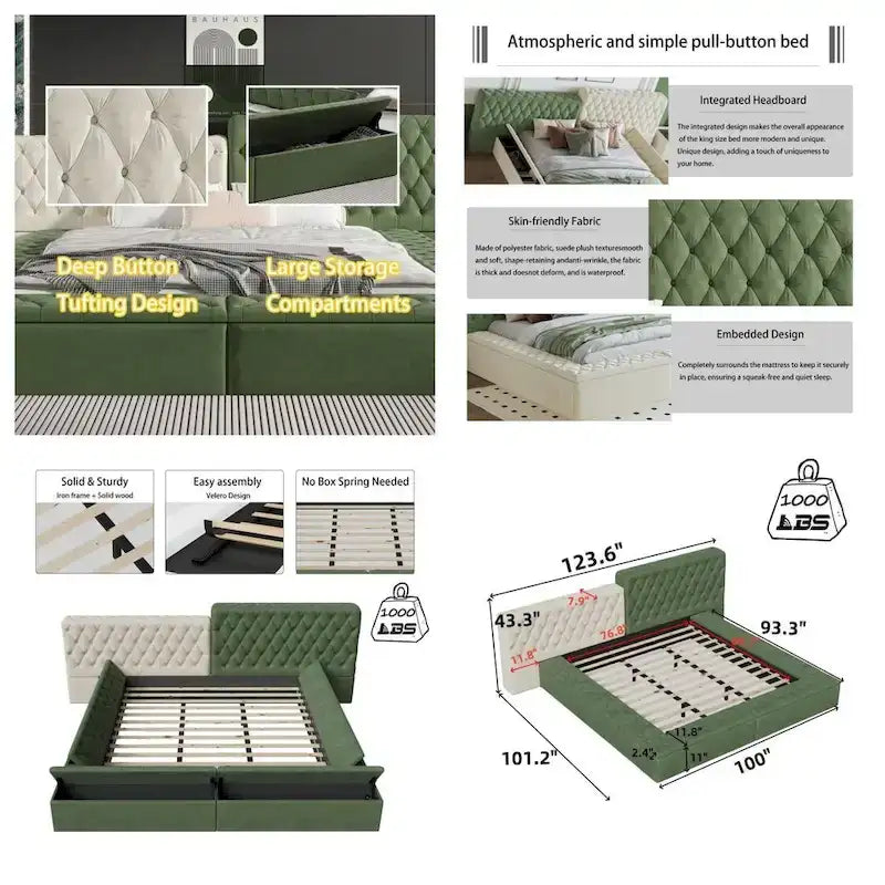 Letto King Size Imbottito con Vani Contenitore e Pediera