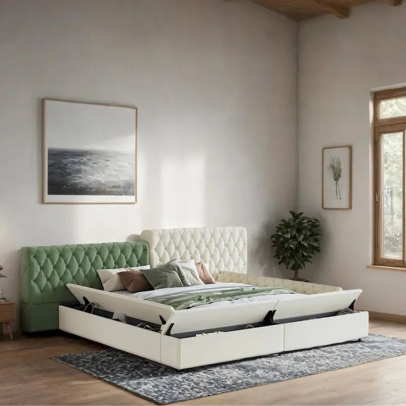 Letto King Size Imbottito con Vani Contenitore e Pediera