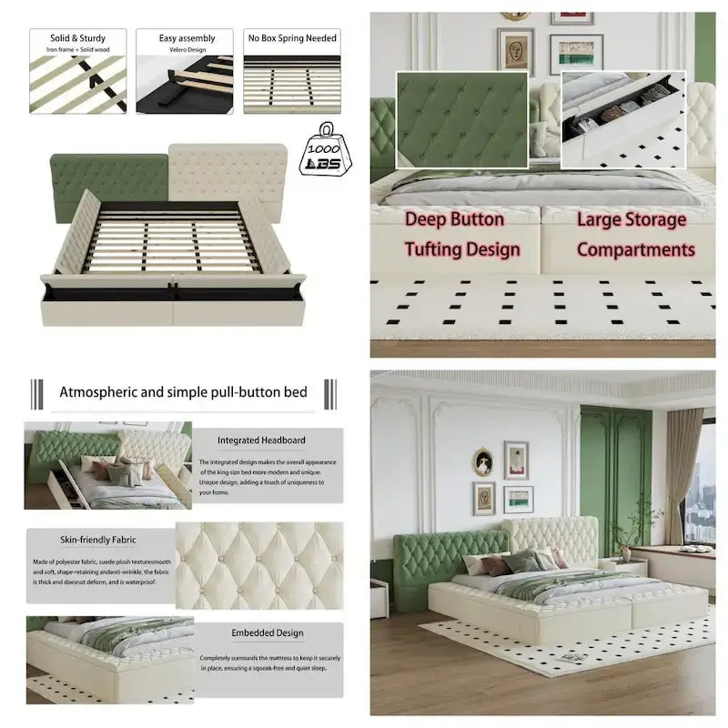 Letto King Size Imbottito con Vani Contenitore e Pediera