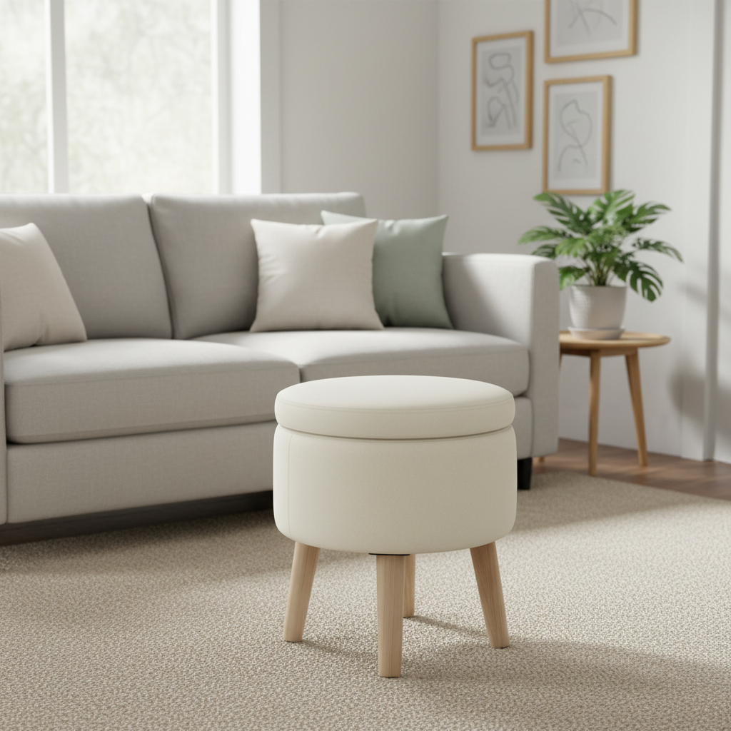 Pouf contenitore rotondo, poggiapiedi con vassoio per - Vedi dettagli