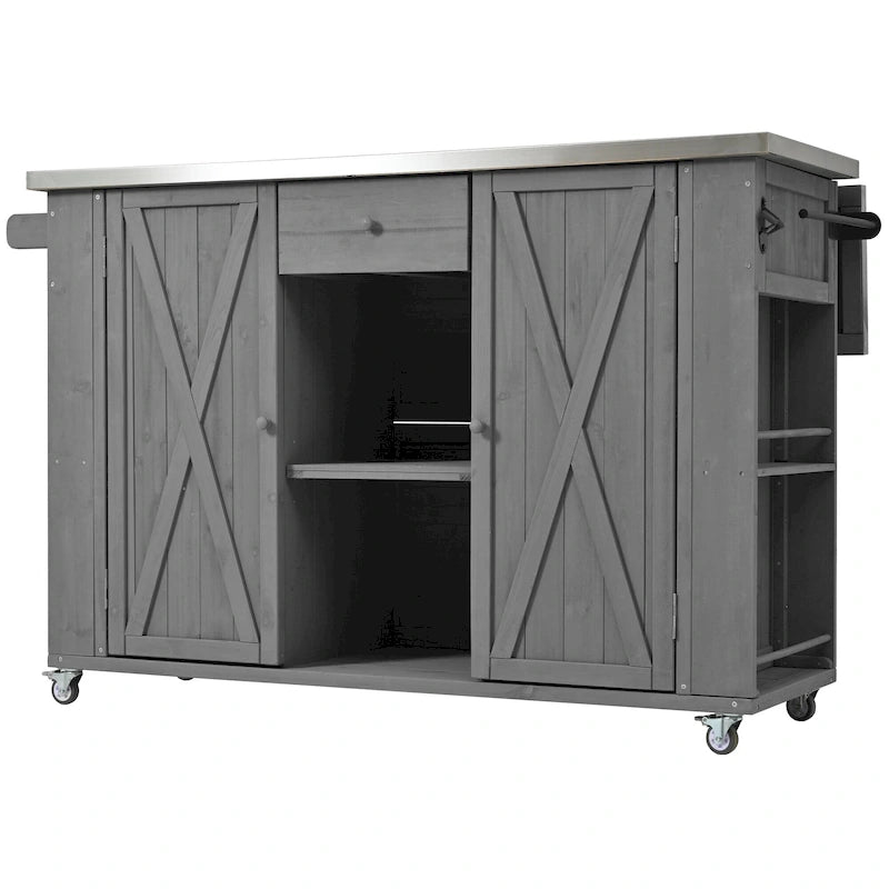Isola da cucina per esterno, in legno di abete rustico con piano in acciaio inossidabile e vani intelligenti