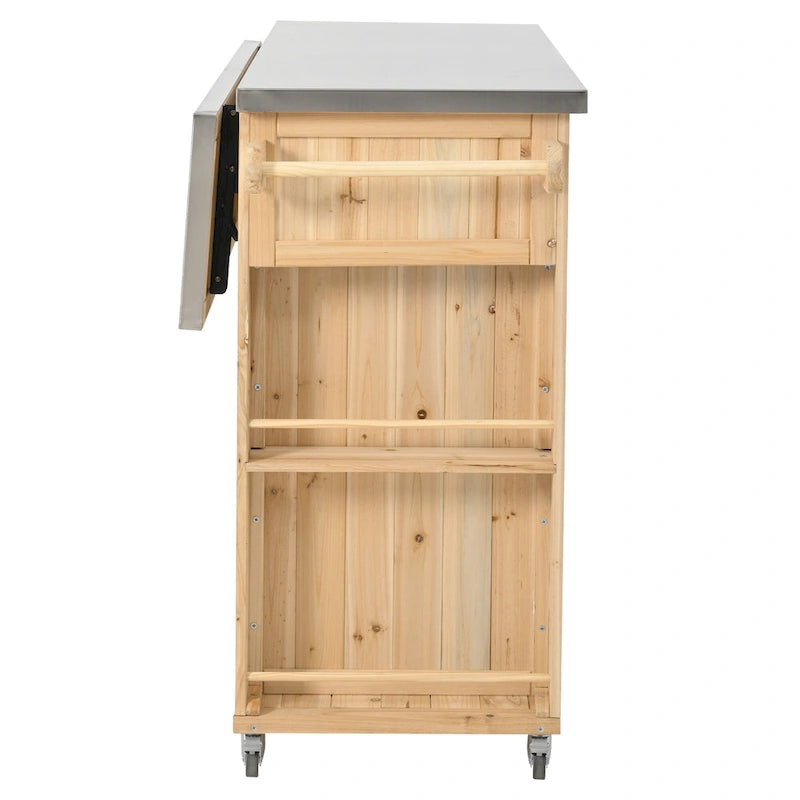 Isola da cucina per esterno, in legno di abete rustico con piano in acciaio inossidabile e vani intelligenti