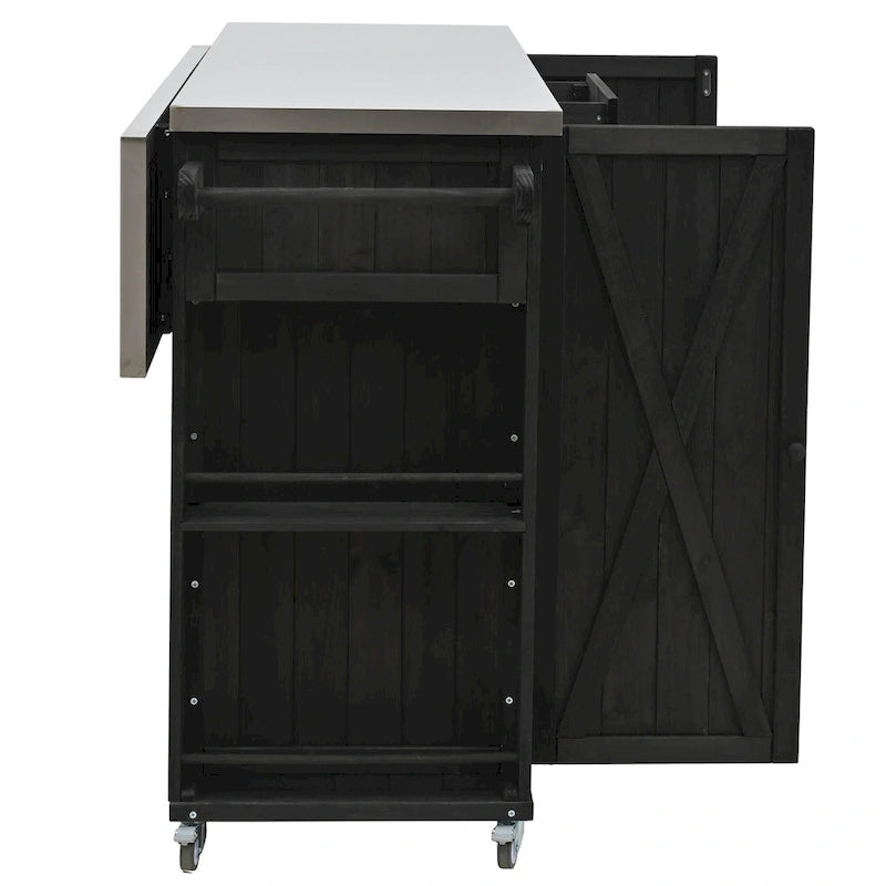 Isola da cucina per esterno, in legno di abete rustico con piano in acciaio inossidabile e vani intelligenti