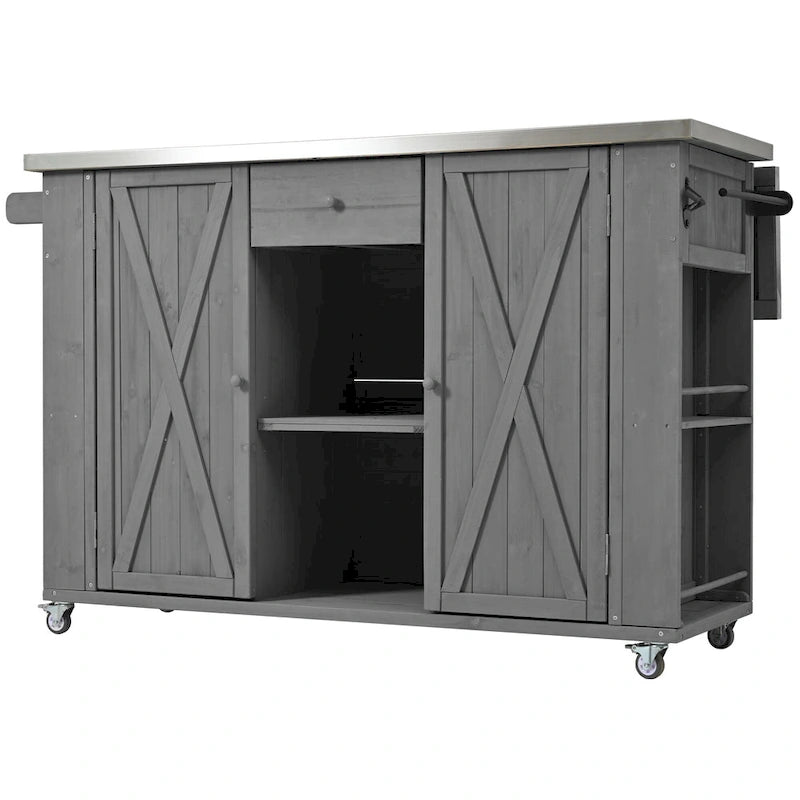 Isola da cucina per esterno, in legno di abete rustico con piano in acciaio inossidabile e vani intelligenti