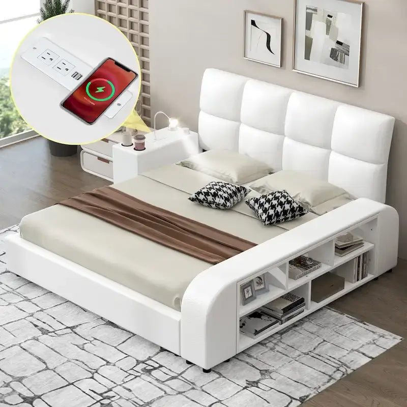 Struttura letto a piattaforma matrimoniale in ecopelle con comodino multimediale