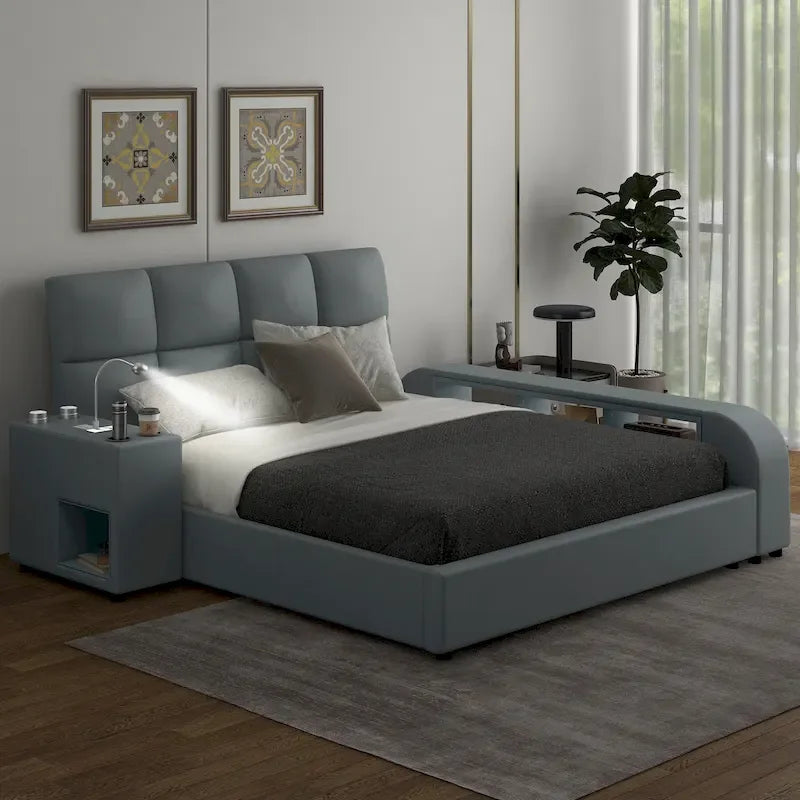 Struttura letto a piattaforma matrimoniale in ecopelle con comodino multimediale