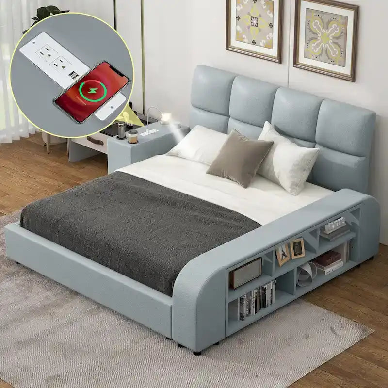 Struttura letto a piattaforma matrimoniale in ecopelle con comodino multimediale