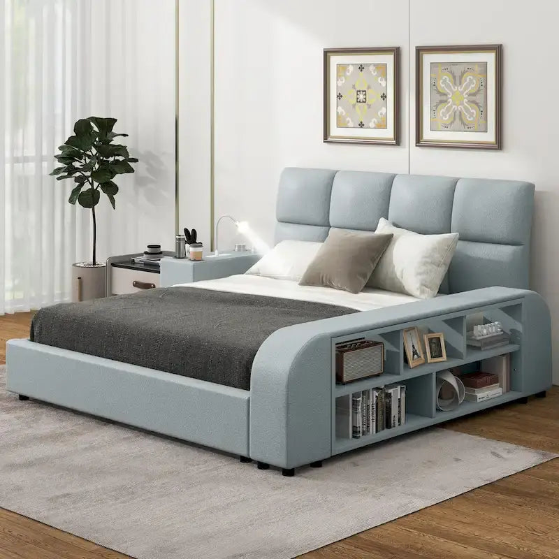 Struttura letto a piattaforma matrimoniale in ecopelle con comodino multimediale