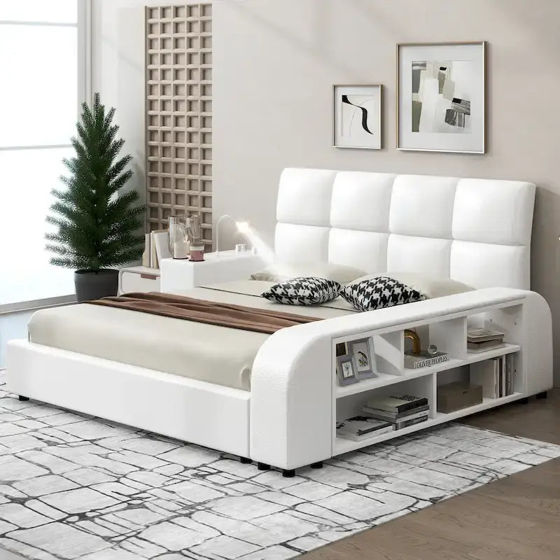 Struttura letto a piattaforma matrimoniale in ecopelle con comodino multimediale
