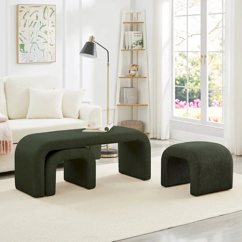 Set di 3 Panchine Moderne a U Pouf Teddy per Ingresso, Fondo Letto Camera da Letto, Set di 3 Piccoli Poggiapiedi Divano