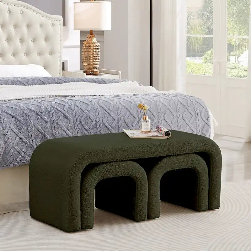 Set di 3 Panchine Moderne a U Pouf Teddy per Ingresso, Fondo Letto Camera da Letto, Set di 3 Piccoli Poggiapiedi Divano