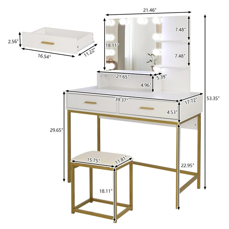 Set toeletta grande, Tavolino da trucco con cassetto per donne, ragazze, camera da letto (bianco, nero)
