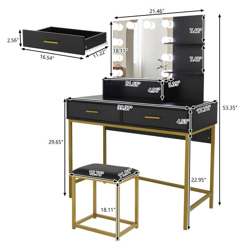 Set toeletta grande, Tavolino da trucco con cassetto per donne, ragazze, camera da letto (bianco, nero)