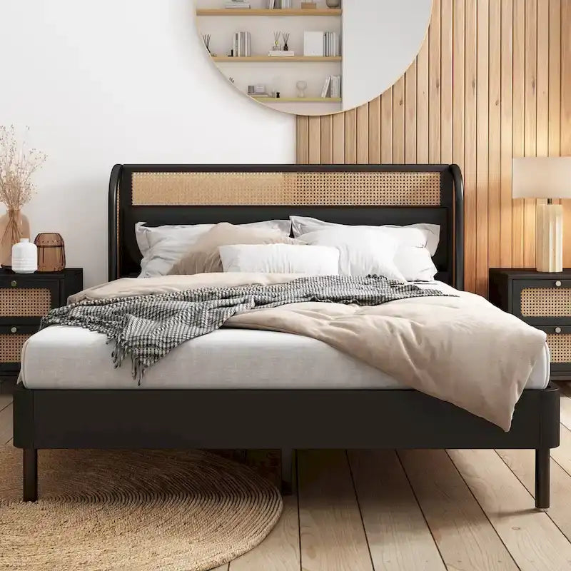 Letto a piattaforma Queen in legno Rattan Cannage Moderno, Nero