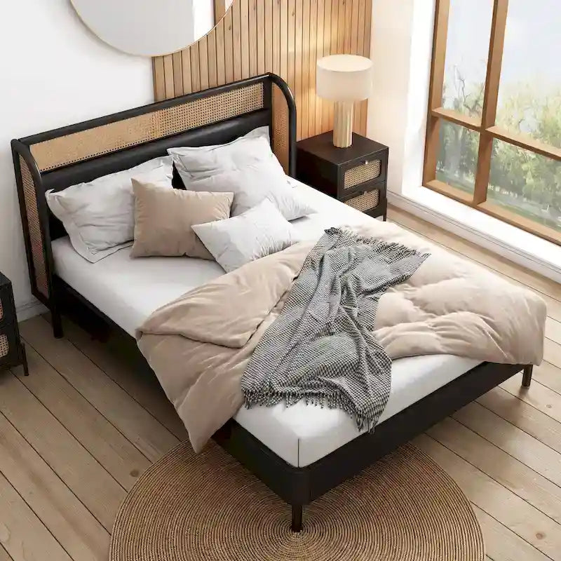 Letto a piattaforma Queen in legno Rattan Cannage Moderno, Nero