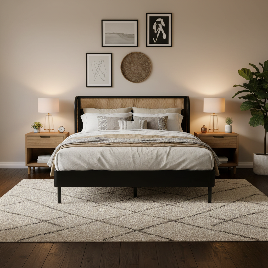 Letto a piattaforma Queen in legno Rattan Cannage Moderno, Nero