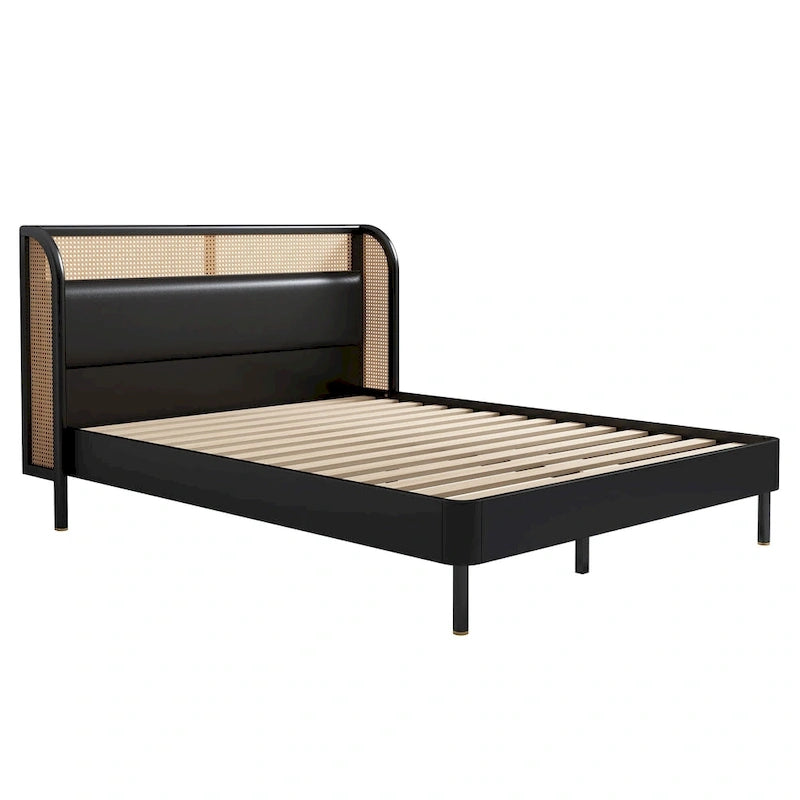 Letto a piattaforma Queen in legno Rattan Cannage Moderno, Nero