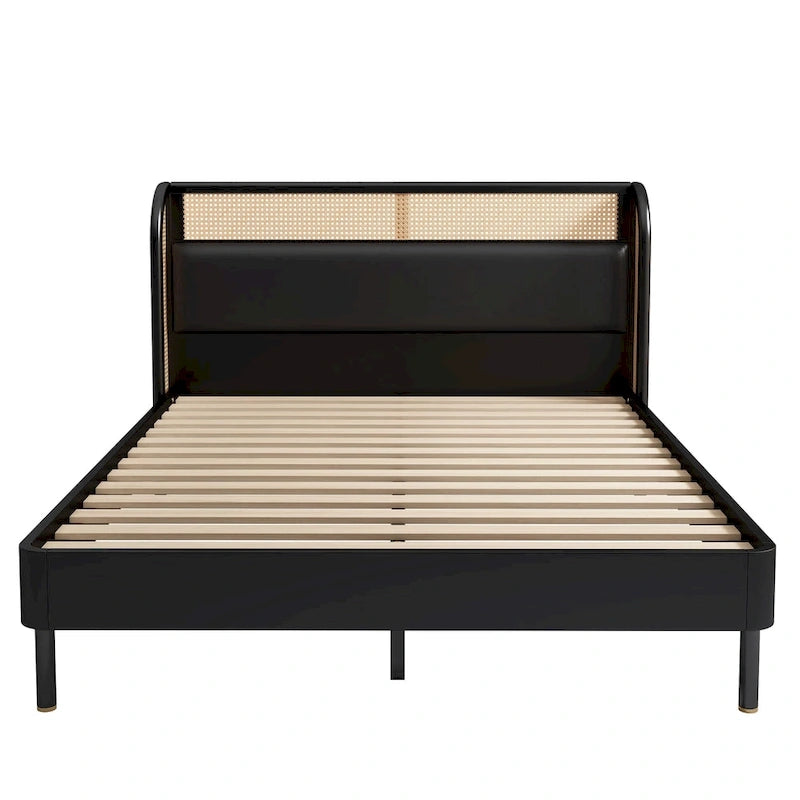 Letto a piattaforma Queen in legno Rattan Cannage Moderno, Nero