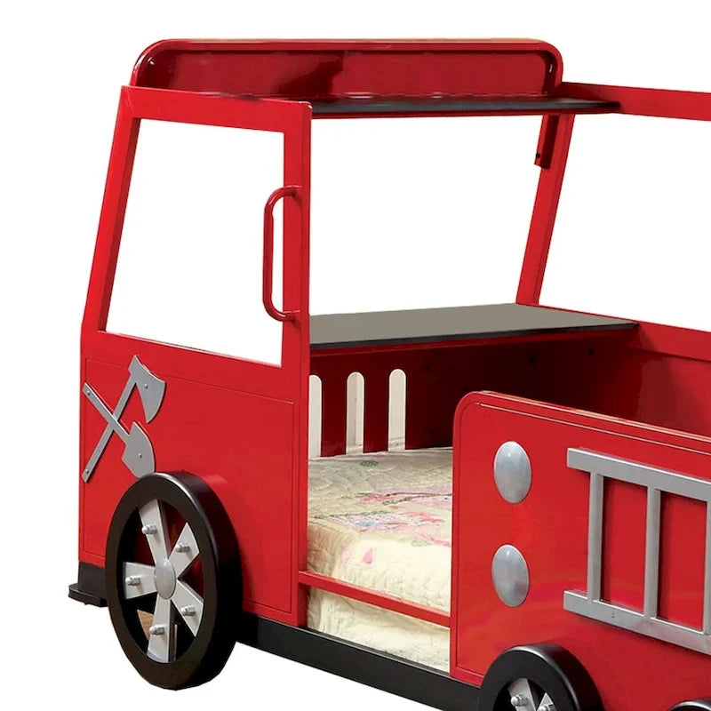 Letto singolo "Metal Fire Truck Design" con contenitore a scomparsa, Rosso e Nero