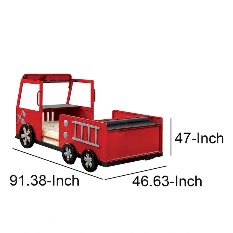 Letto singolo "Metal Fire Truck Design" con contenitore a scomparsa, Rosso e Nero