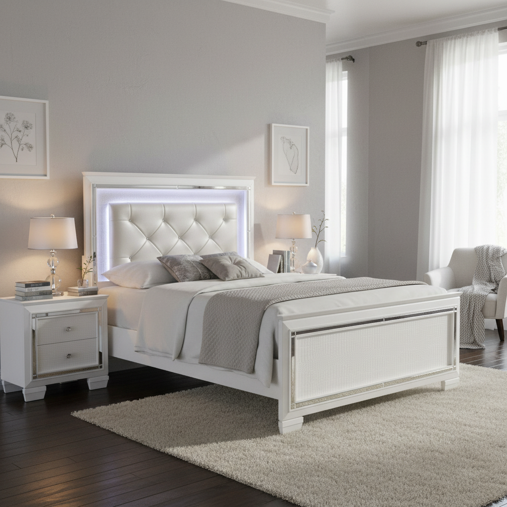 Letto matrimoniale moderno, testiera trapuntata in cristallo retroilluminata a LED, bianca