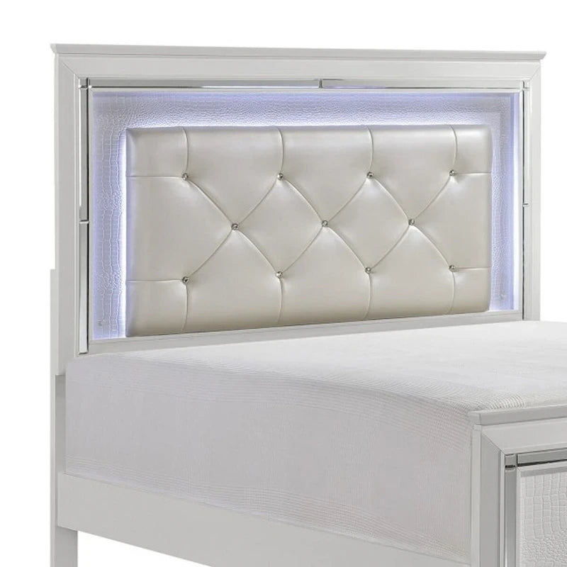Letto matrimoniale moderno, testiera trapuntata in cristallo retroilluminata a LED, bianca
