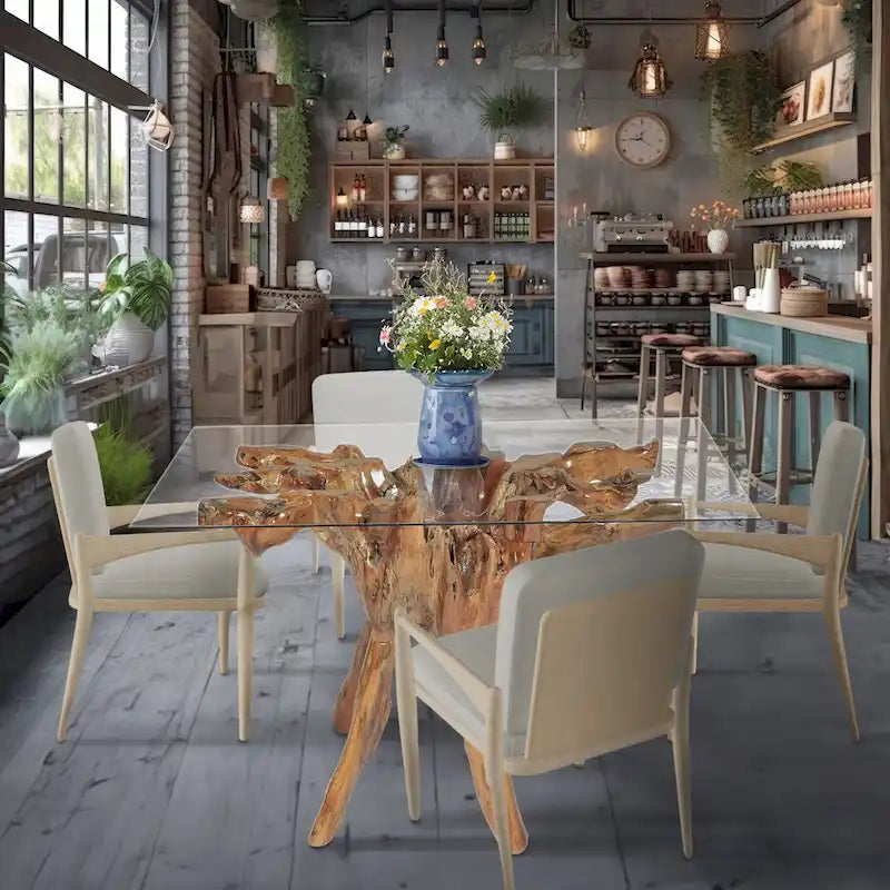 Tavolo da pranzo in radice di teak con piano in vetro quadrato da 43 pollici