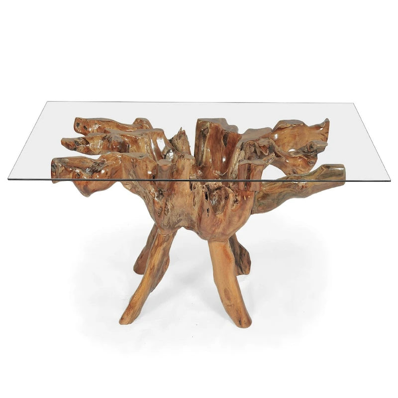 Tavolo da pranzo in radice di teak con piano in vetro quadrato da 43 pollici
