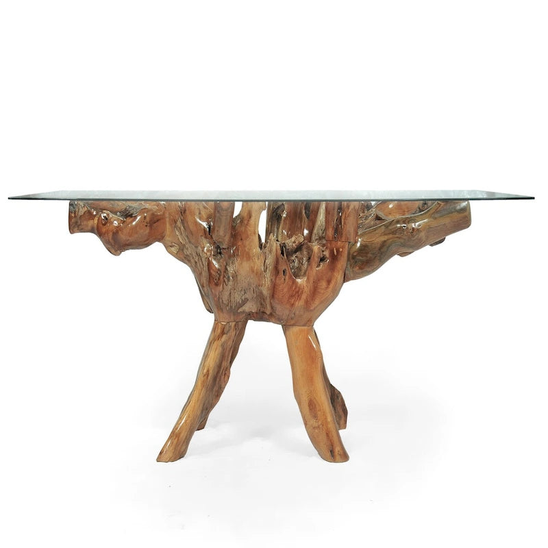 Tavolo da pranzo in radice di teak con piano in vetro quadrato da 43 pollici