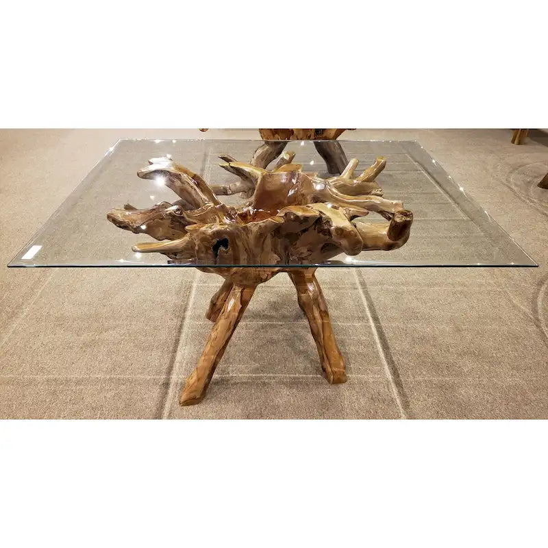 Tavolo da pranzo in radice di teak con piano in vetro quadrato da 43 pollici