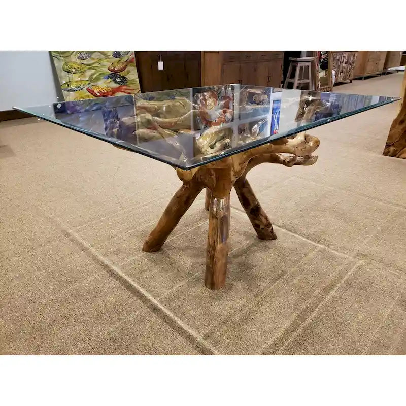 Tavolo da pranzo in radice di teak con piano in vetro quadrato da 43 pollici