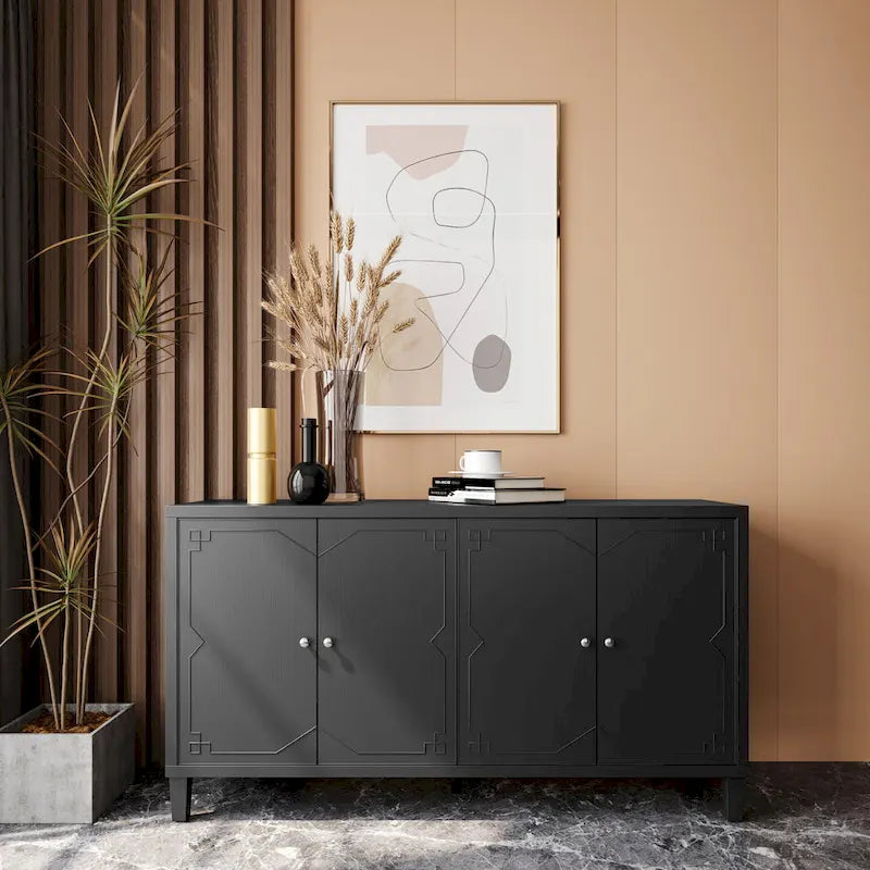 Mobile buffet credenza moderno nero opaco da 60 pollici con 4 ante e mobile contenitore ad accento