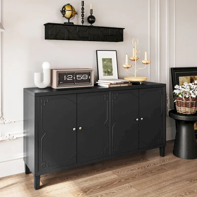 Mobile buffet credenza moderno nero opaco da 60 pollici con 4 ante e mobile contenitore ad accento