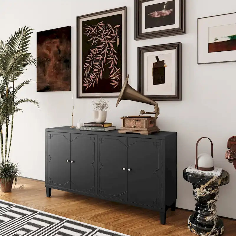 Mobile buffet credenza moderno nero opaco da 60 pollici con 4 ante e mobile contenitore ad accento