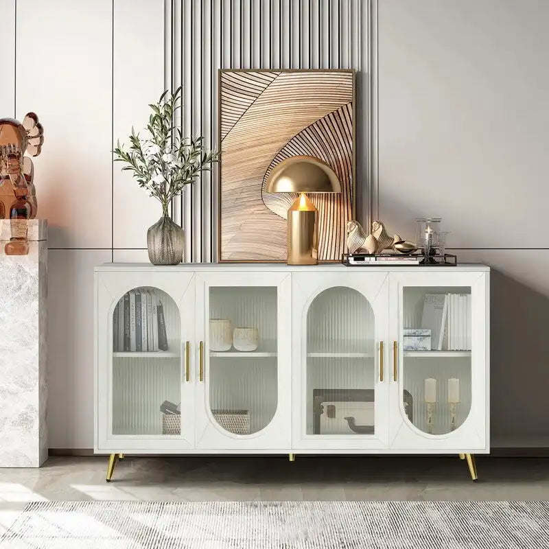Credenza Buffet Grondin in Stile Moderno di Metà Secolo Larga 152 cm con Ante in Vetro Temperato Scanalato e Ripiani Regolabili