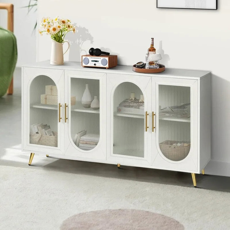 Grondin Mid-Century Modern Style 59.8  Wide Sideboard Buffet with Fluted Tempered Glass Doors and Adjustable Shelves