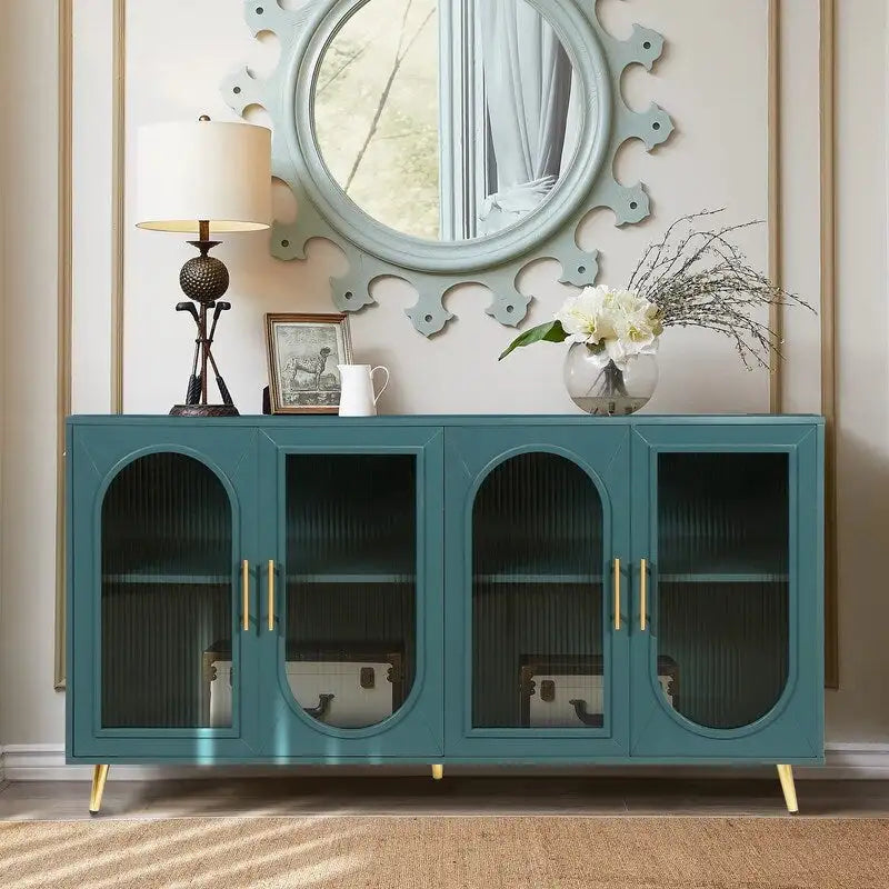 Credenza Buffet Grondin in Stile Moderno di Metà Secolo Larga 152 cm con Ante in Vetro Temperato Scanalato e Ripiani Regolabili