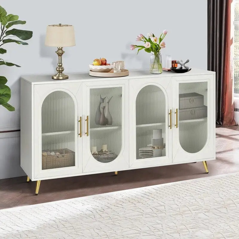 Credenza Buffet Grondin in Stile Moderno di Metà Secolo Larga 152 cm con Ante in Vetro Temperato Scanalato e Ripiani Regolabili