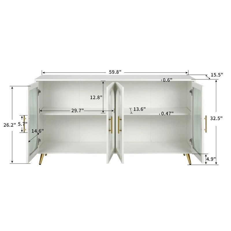 Credenza Buffet Grondin in Stile Moderno di Metà Secolo Larga 152 cm con Ante in Vetro Temperato Scanalato e Ripiani Regolabili