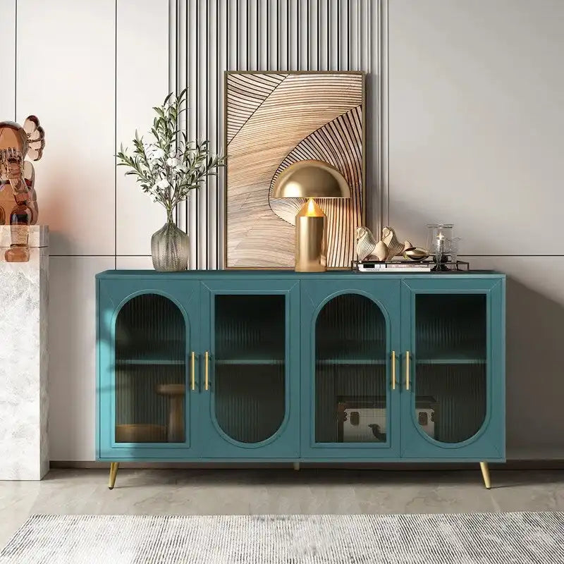 Credenza Buffet Grondin in Stile Moderno di Metà Secolo Larga 152 cm con Ante in Vetro Temperato Scanalato e Ripiani Regolabili