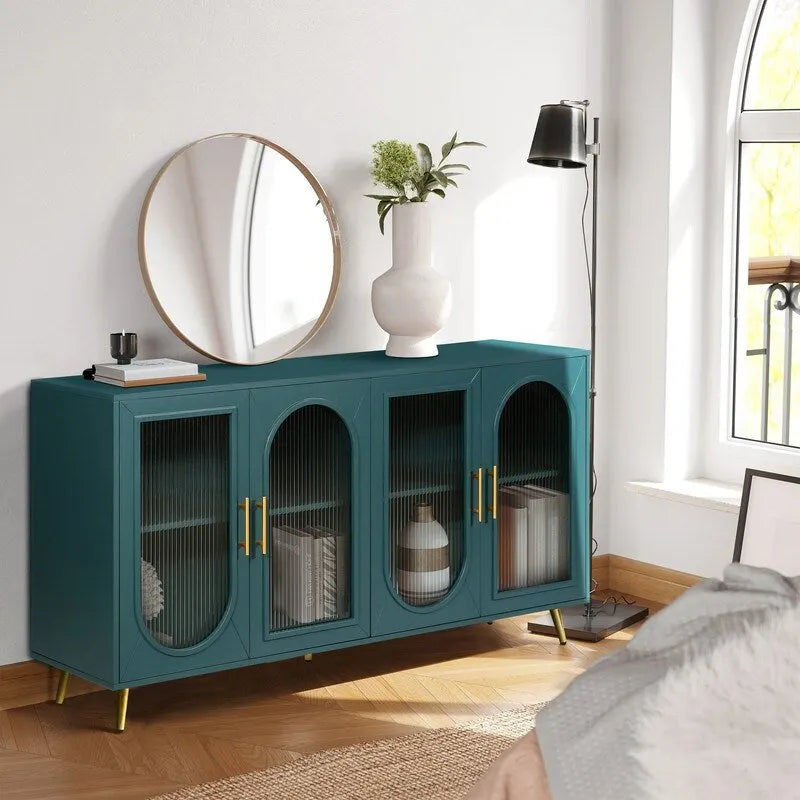 Credenza Buffet Grondin in Stile Moderno di Metà Secolo Larga 152 cm con Ante in Vetro Temperato Scanalato e Ripiani Regolabili