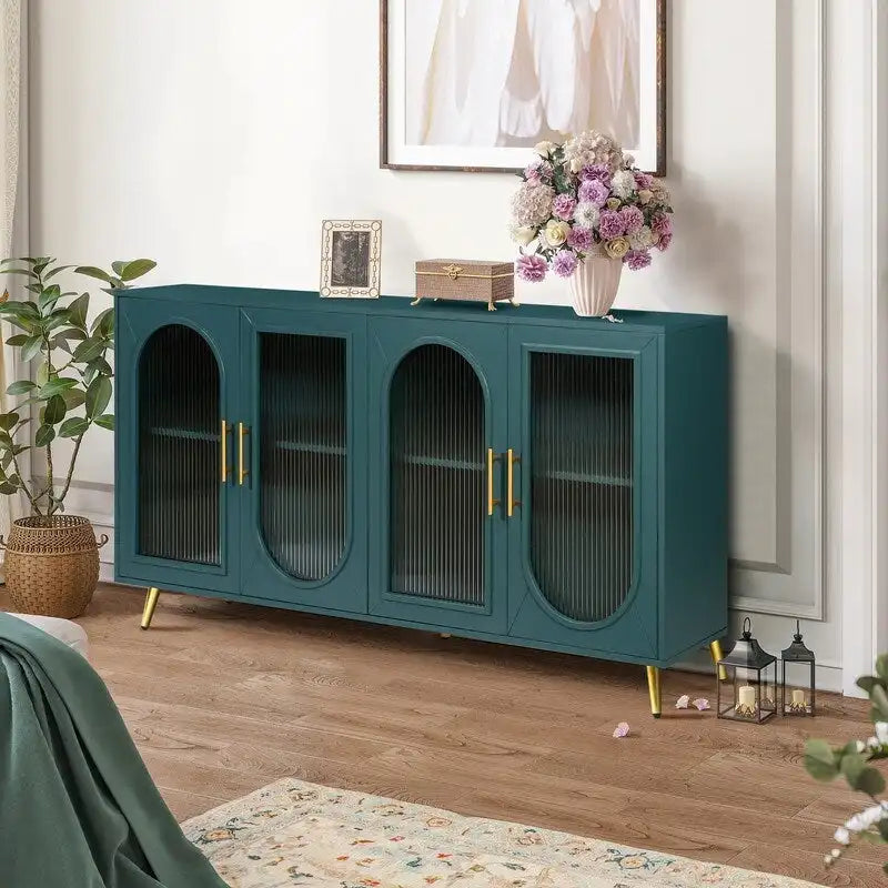 Credenza Buffet Grondin in Stile Moderno di Metà Secolo Larga 152 cm con Ante in Vetro Temperato Scanalato e Ripiani Regolabili