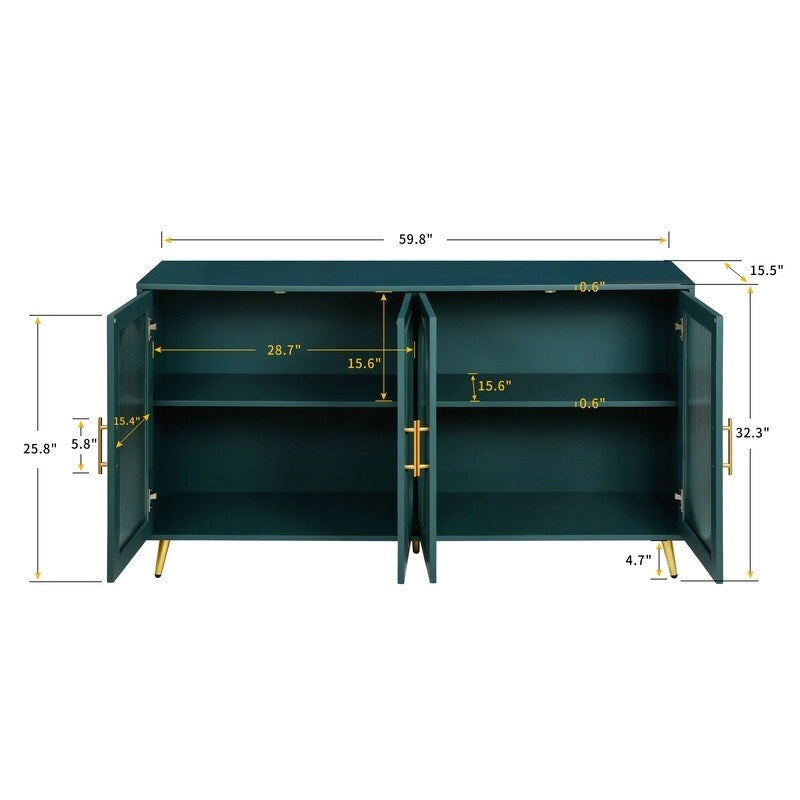 Credenza Buffet Grondin in Stile Moderno di Metà Secolo Larga 152 cm con Ante in Vetro Temperato Scanalato e Ripiani Regolabili