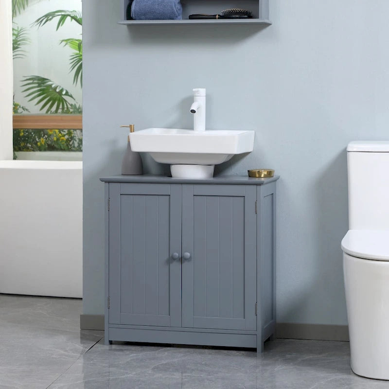 Mobiletto sottolavabo da bagno con 2 ante e ripiano, mobiletto da bagno per lavabo a colonna, grigio