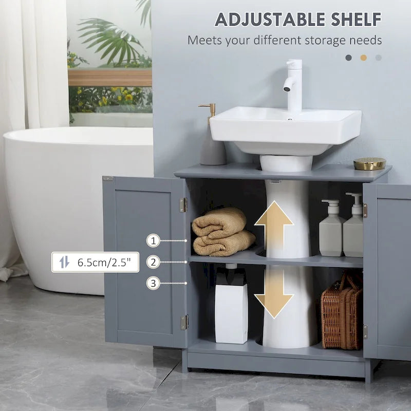 Mobiletto sottolavabo da bagno con 2 ante e ripiano, mobiletto da bagno per lavabo a colonna, grigio